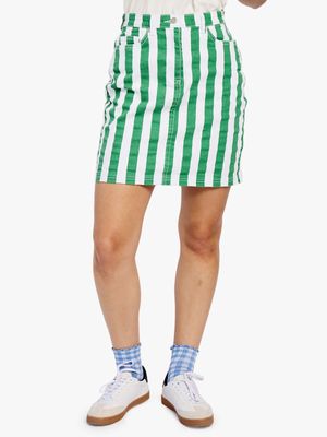 Women's Me&B Green & White Printed Stripes Stretch Denim Skirt