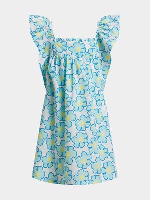 Younger Girl's Turquoise Flower Print Dress