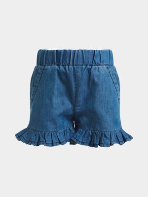 Younger Girl's Dark Wash Chambray Ruffle Shorts