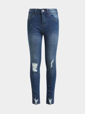 Jet Older Girls Mid Blue Ripped Skinny Jeans