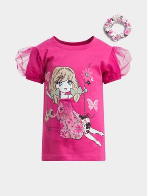 Jet Younger Girls Pink Tulle Sleeve T-Shirt