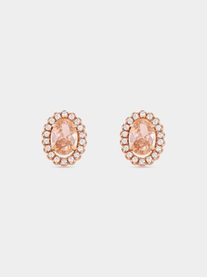 9ct Rose Gold Pink Cubic Zirconia Oval Halo Stud Earrings