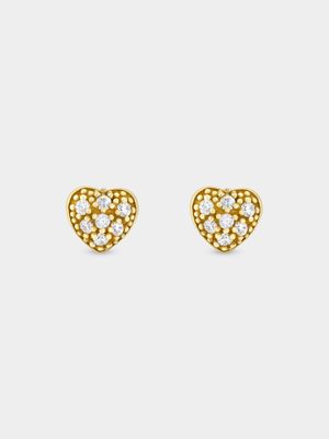 Yellow Gold & Sterling Silver Cubic Zirconia Pavé Heart Stud Earrings