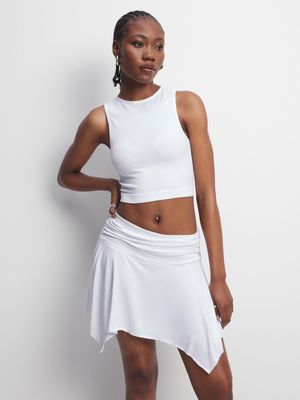 Women's White Assymetric Mini Skirt With Wide Bask