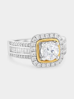 Yellow Gold & Sterling Silver Cubic Zirconia Cushion Halo Ring