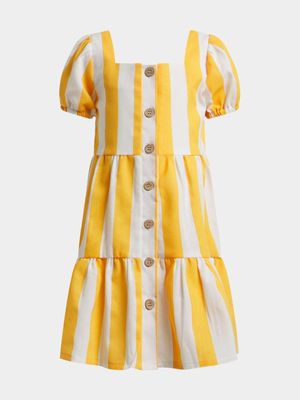 Younger Girl's Yellow & White Striped Button Up Dress