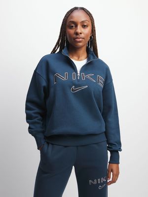 Womens Nike Sportswear Phoenix Fleece Oversized 1 4 Zip Navy Sweat Top Bash