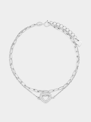 Sterling Silver Cubic Zirconia Heart Paperclip Double Bracelet