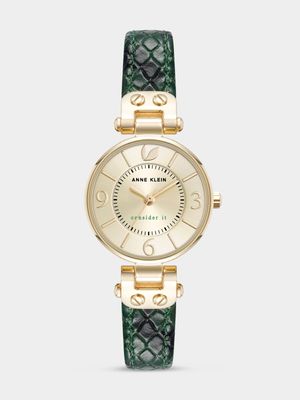 Anne Klein Round Gold Plated Green Leather Watch