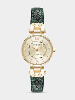 Anne Klein Round Gold Plated Green Leather Watch