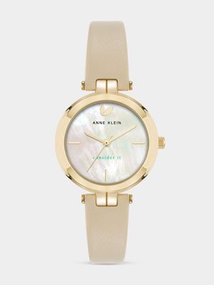 Anne Klein Round Gold Plated Beige Leather Watch