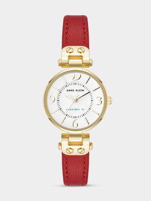 Anne Klein Round Gold Plated Red Leather Watch