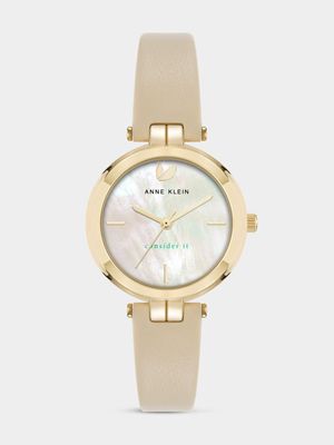 Anne Klein Women's Round Gold Plated Beige Leather Watch