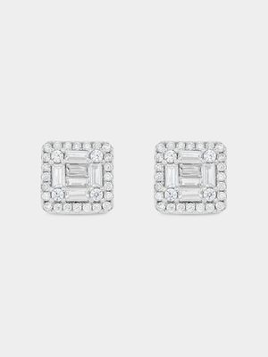 Sterling Silver Cubic Zirconia Multi-Stone Rectangle Halo Stud Earrings