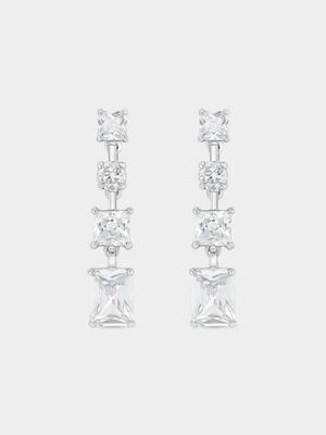 Sterling Silver Cubic Zirconia Square & Emerald Drop Earrings