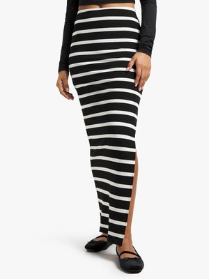 Women's Black & White Maxi Skirt With Slit