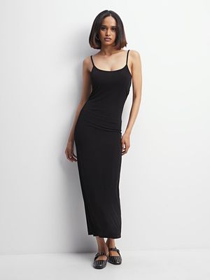 Women's Black Maxi Open Back Slinky Dress