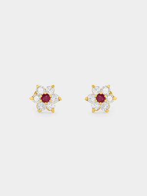 9ct Yellow Gold Red & White Cubic Zirconia Daisy Stud Earrings