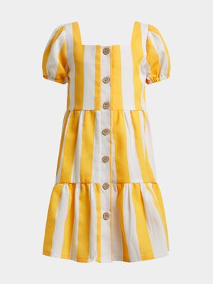 Older Girl's Yellow & White Striped Button Up Dress