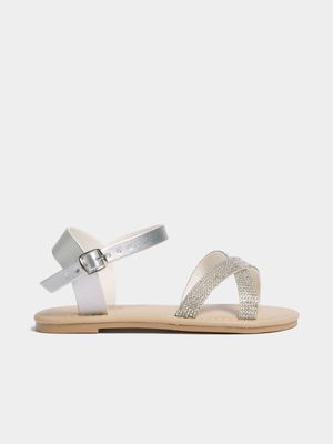 Younger Girl's Silver Diamante Crossover Sandals