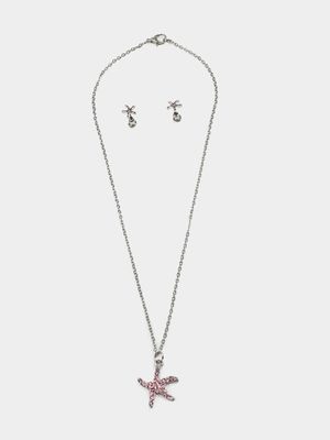 Girl's Silver & Pink Starfish Necklace & Earrings Set