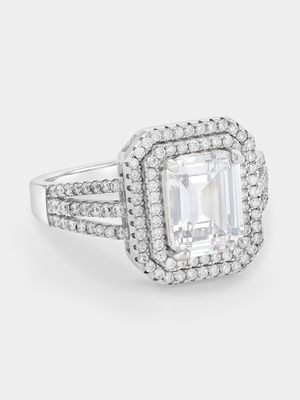 Sterling Silver Cubic Zirconia Emerald-Cut Double Halo Ring