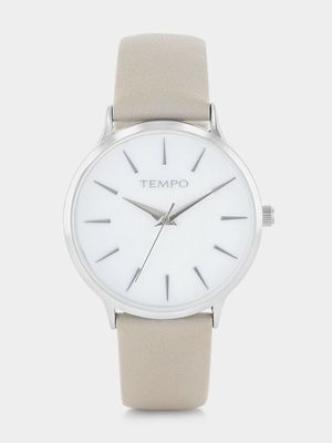 Tempo Silver Plated White Mother Of Pearl Dial Chalk Leather Watch