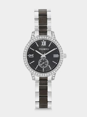 Tempo Silver & Gunmetal Plated Gunmetal Dial Two-Tone Bracelet Watch