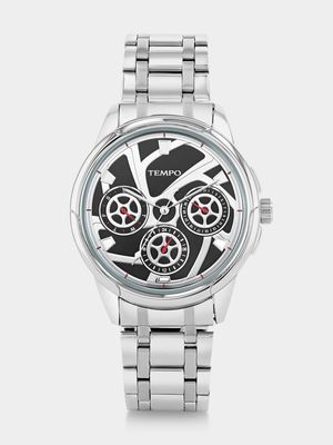 Tempo Silver Plated Black Wheel Dial Bracelet Watch