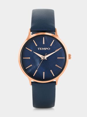 Tempo Rose Plated Navy Mother Of Pearl Dial Navy Leather Watch