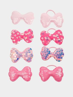 Girl's Pink Sequin Bow Clips & Elastics Set