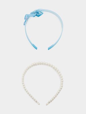 Girl's White Pearl & Blue Butterfly 2-Pack Alice Bands