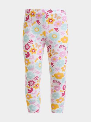 Younger Girl's White Foral Leggings