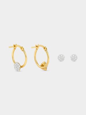 9ct Yellow Gold Crystal Hoop & Stud Earrings Set