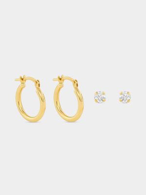 9ct Yellow Gold Cubic Zirconia Hoop & Stud Earrings Set