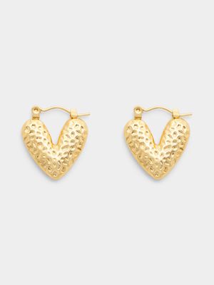 Stainless Steel Gold Tone Puffy Textured Heart Hoops