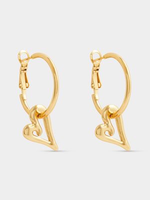 Stainless Steel Gold Tone Hoops with Elongated Heart Charm