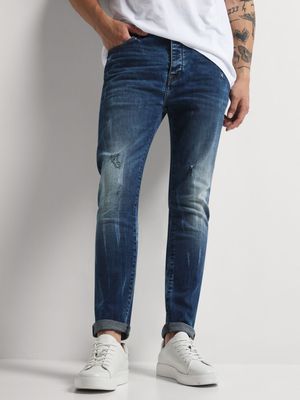 Men's Relay Jeans Rip and Repair Mid Wash Super Skinny Denim