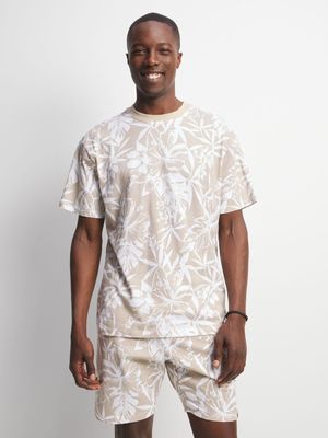 Jet Men's Stone/White Leaf Print T-Shirt