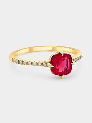 Yellow Gold Lab Grown Ruby & Moissanite Women’s Cushion Ring