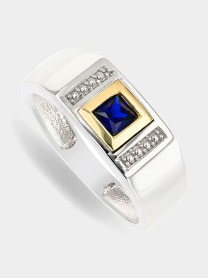 Sterling Silver & 5ct Yellow Gold , Created Blue Sapphire Men’s Ring