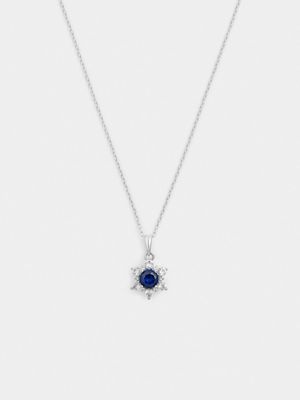 Sterling Silver Diamond & Blue Sapphire Flower Pendant