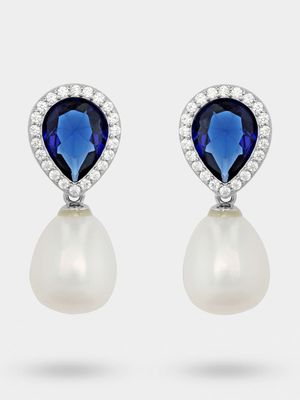 Sterling Silver Freshwater Pearl & Blue Cubic Zirconia Drop Earrings