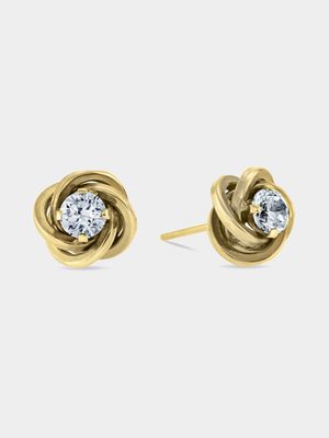 Yellow Gold, Cubic Zirconia Flower Stud Earring