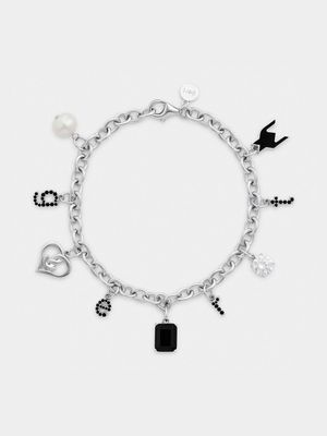 Gert Johan Coetzee Sterling Silver Black Spinel & Pearl Love Generation Initial Charm Bracelet