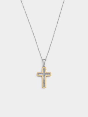 Yellow Gold & Sterling Silver Diamond & Created Sapphire Cross Pendant