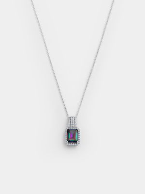 Sterling Silver Mystic Topaz Cubic Zirconia Women’s Emerald-Cut Halo Pendant