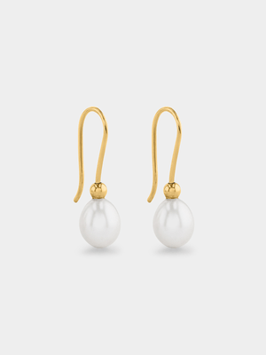 Yellow Gold Oval Fresh Water Pearl Drop Earrings