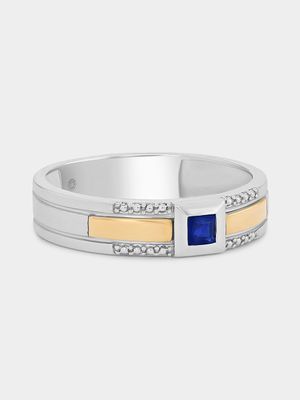 Yellow Gold & Sterling Silver Created Blue Sapphire Men's Wedding Band