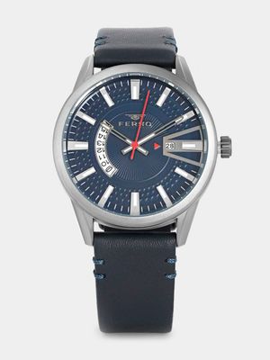 Ferro Men’s Gunmetal Plated Dark Blue Leather Watch